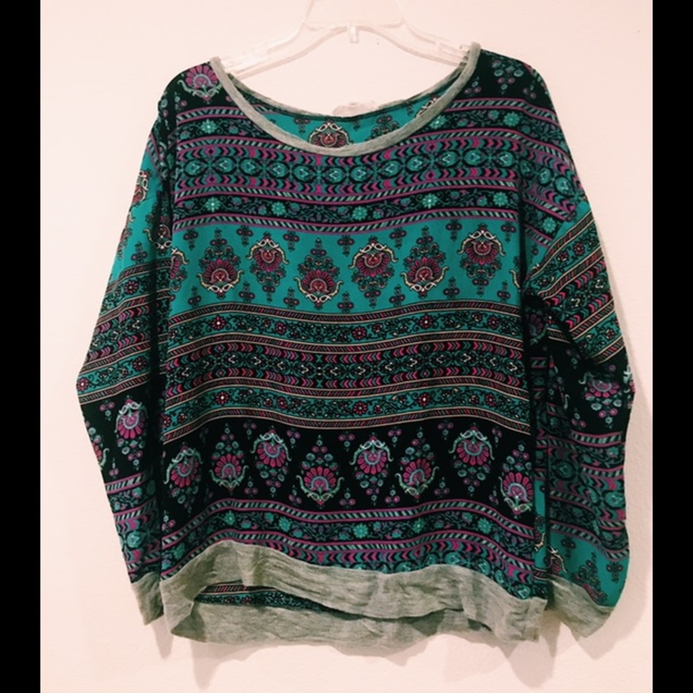 PURPLE GREEN BLACK FLOWY MOSIAC LONG SLEEVE SHIRT
